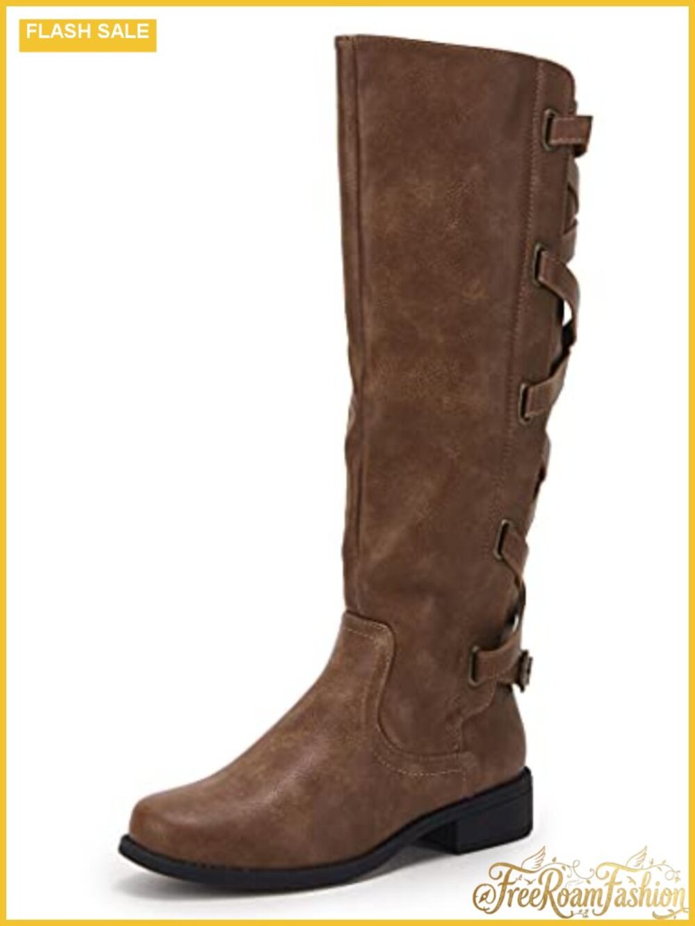 Faux Leather Knee High Moto Boots Lace Up Combat Riding Low Heel